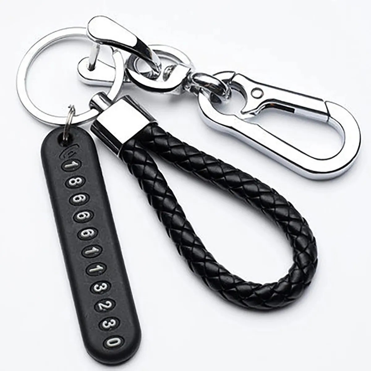Trendy DIY Anti-Lost Phone Number Plate Keychain Woven Leather Rope Car Key Chai
