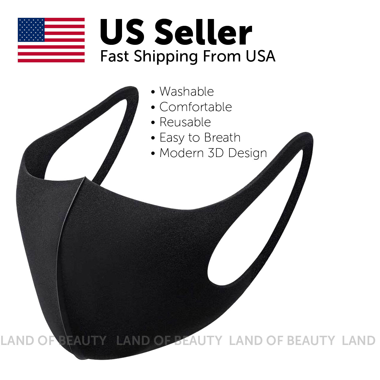 Face Mask Fashion Black Mask Washable 3D/ Ship within 24Hrs from USA