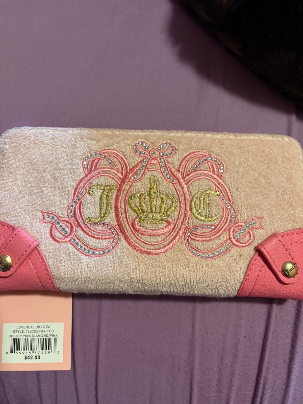Juicy Couture Women’s Zip-Around Wallet Pink Beige Rhinestone Logo Crown