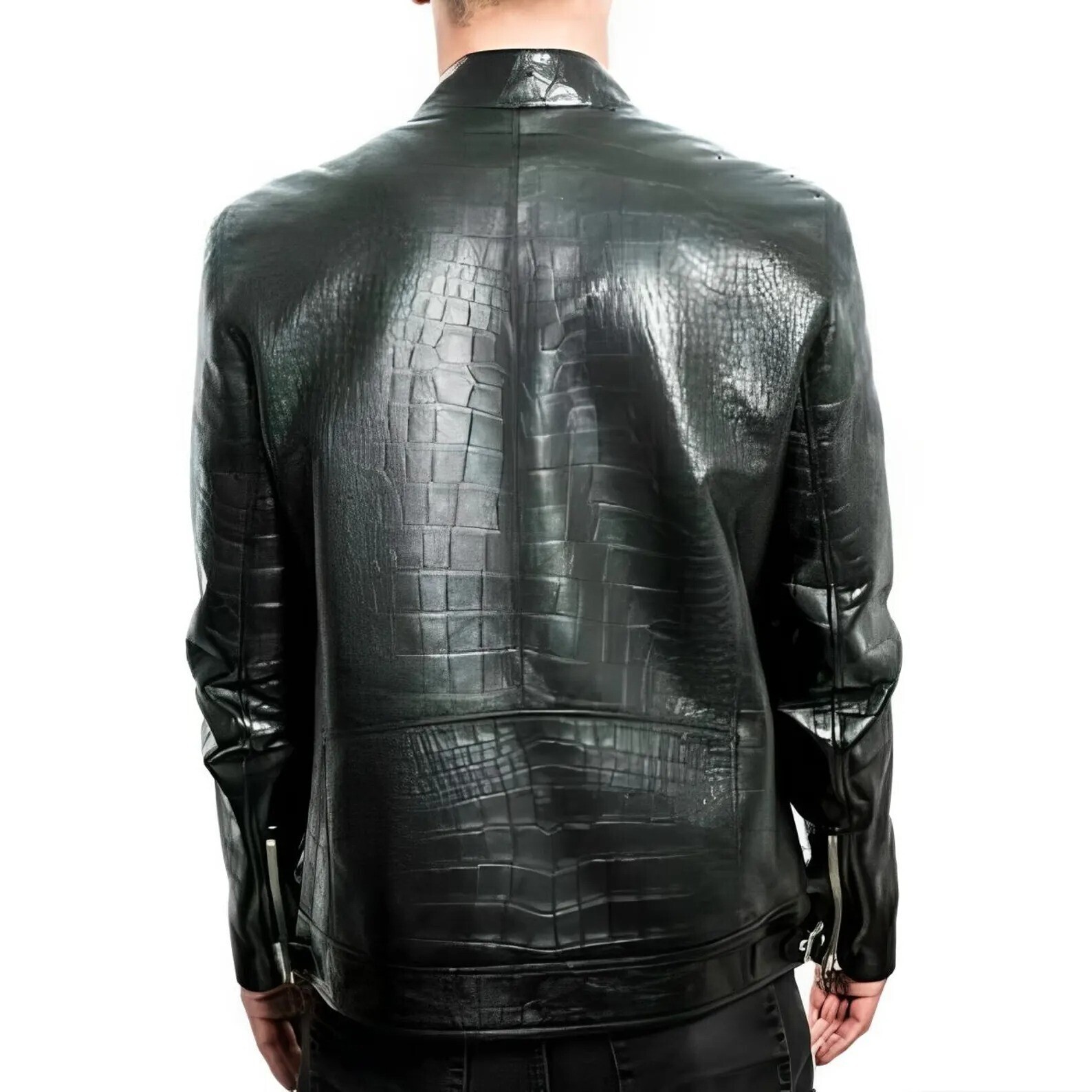 Men’s Black Real Leather Crocodile Embossed Jacket Biker Alligator Print Jacket