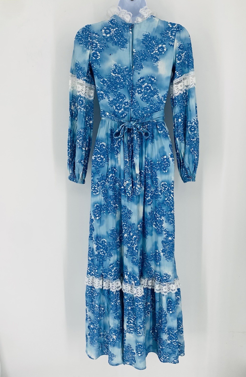 Vintage 70s Blue Floral Maxi Dress Victorian Prairie Edwardian Style Small Beach