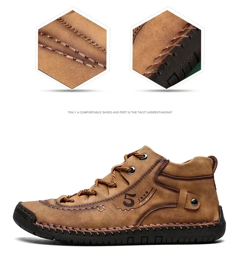 Men Hand Stitched Leather Walking Shoes Lace Up Non Slip Casual Outdoor Sneakers