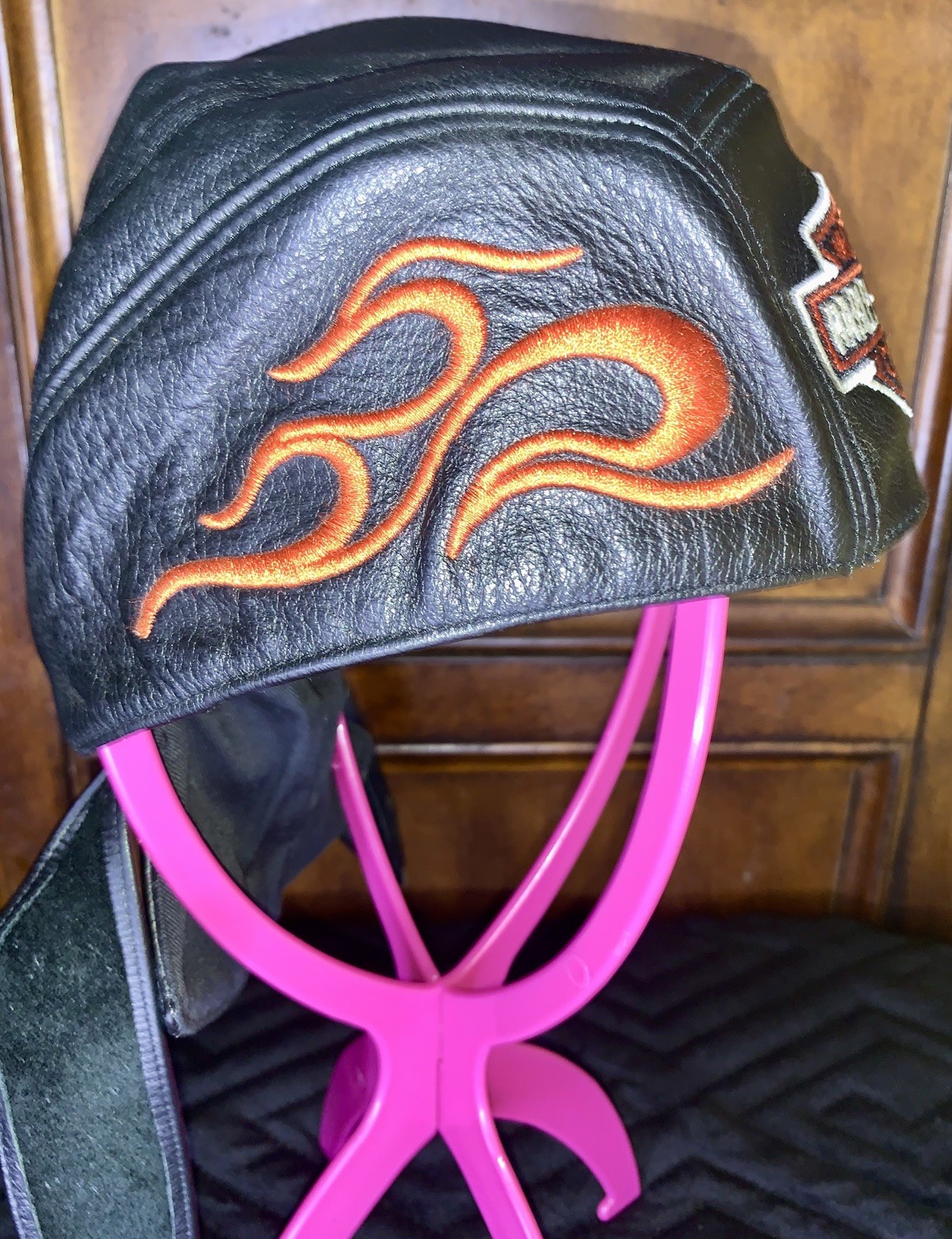 Vintage Harley Davidson ALL Leather Biker Bandana Skull Cap Doo Rag Y2K Sz.Small