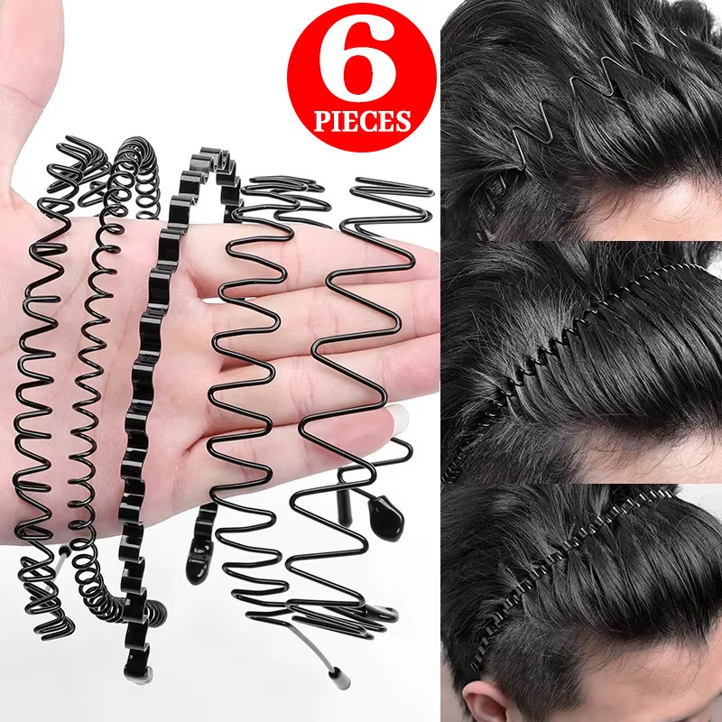 6/1Pcs Fashion Metal Hair Band for Men Women Unisex Black Waved Hair Head Hoop S