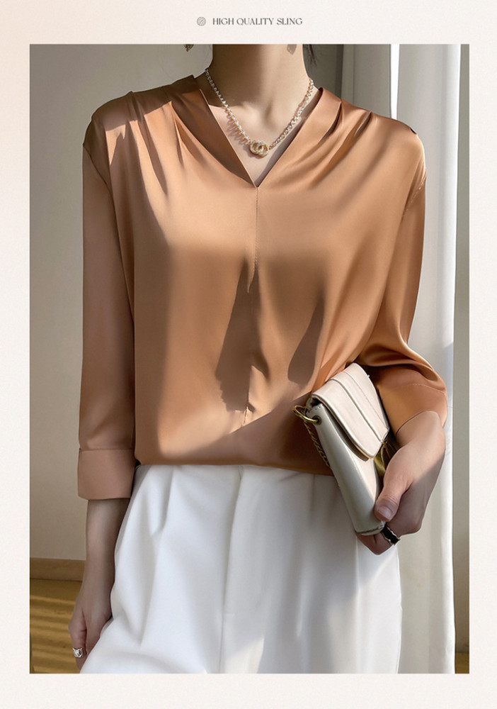 HOT Mulberry Silk Long-sleeved Shirt Women’s Morning Satin Chiffon V-neck Top