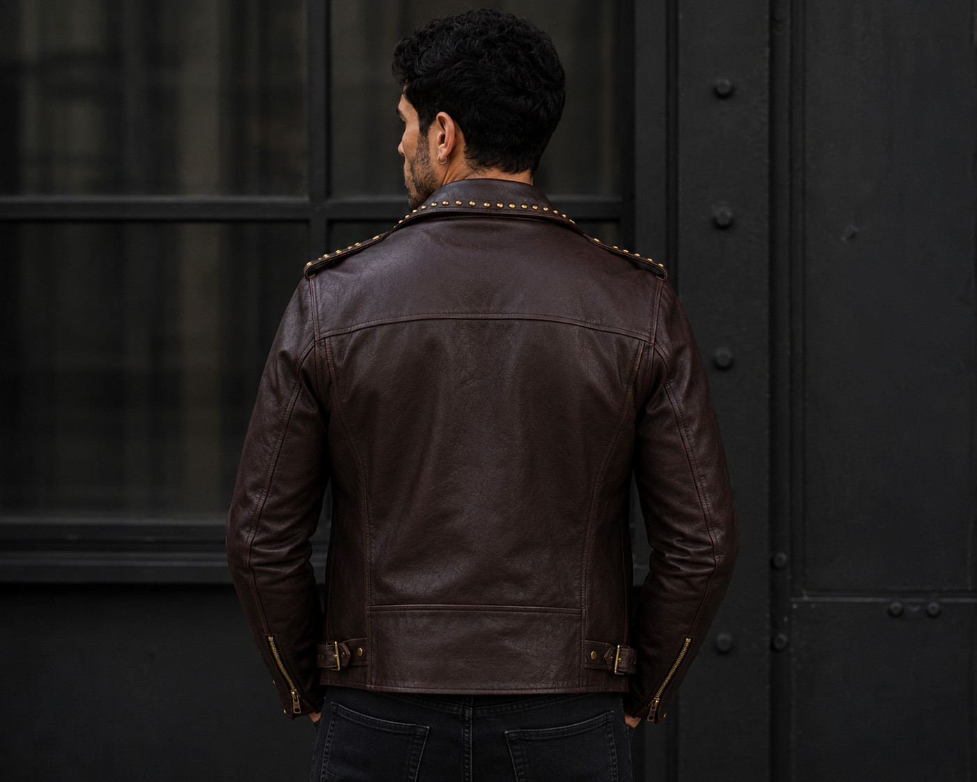 Men’s Brown Studded Leather Biker Jacket – Moto Slim Fit – Punk Rock Zip Up Coat