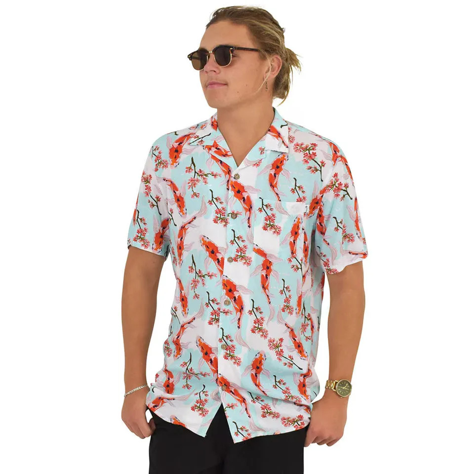Koi Fish Mens Hawaiian Shirt Tropical Print Short Sleeve Beach Party