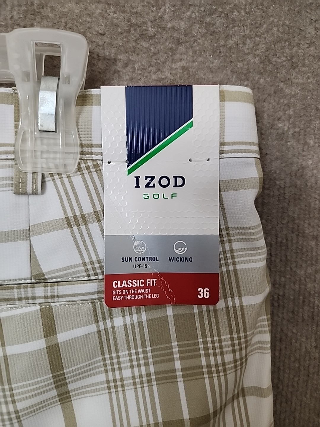 IZOD Golf Shorts Mens 36 Beige White Plaid Stretch UPF 15 Lightweight NEW