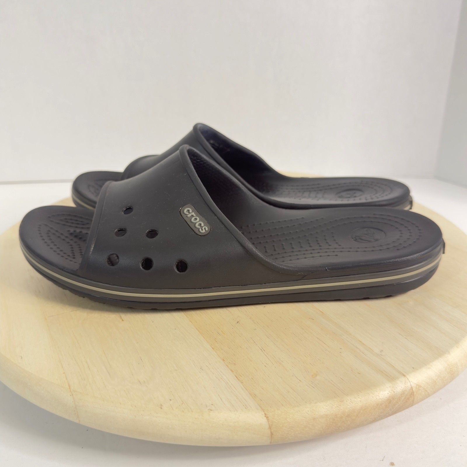 Crocs Unise Bayaband Slides Sandals White Stripe Logo Slip-On Women 12 Men 10
