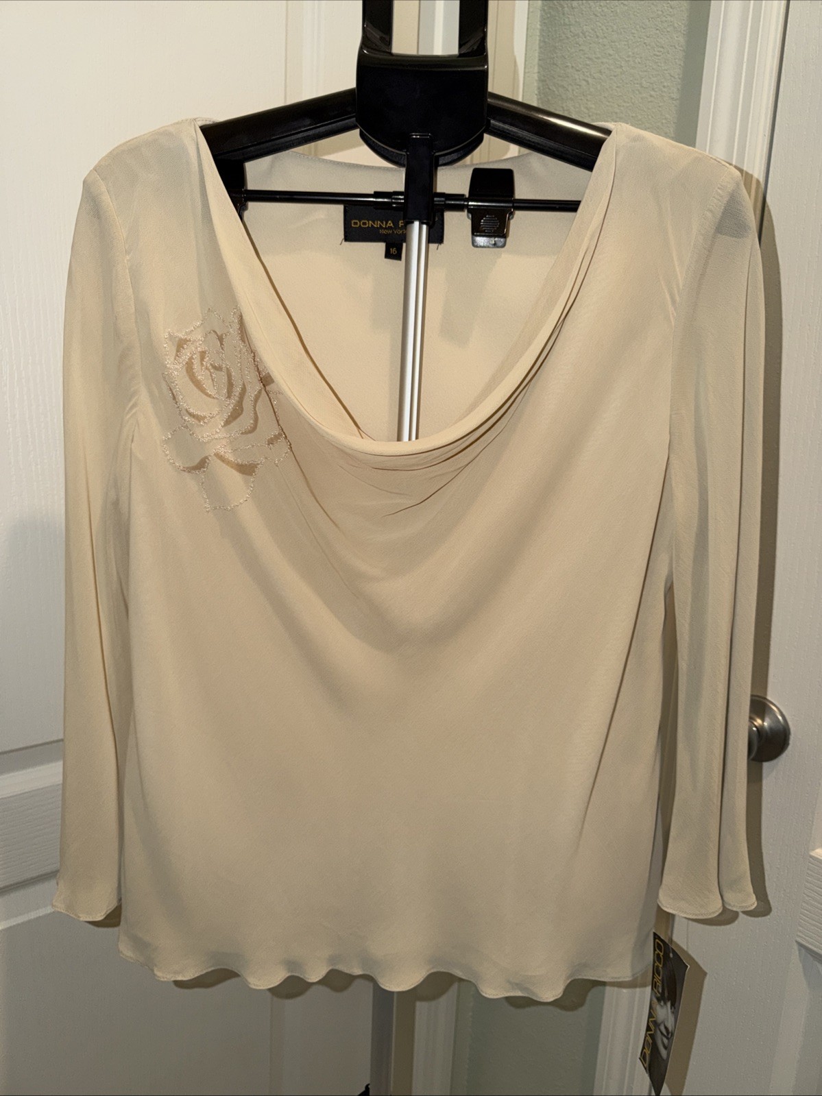 NWT Donna Ricco Shirt Womens 16 Beige Blouse Top Cowl Neck Long Sleeve Chiffone