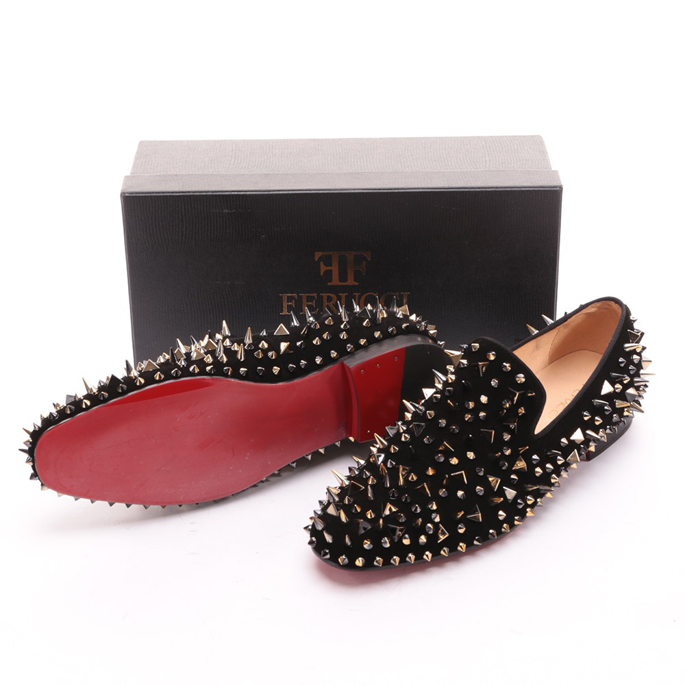 Men FERUCCI Black Velvet Slippers Loafers Flat Gold Spikes Rivet Wedding Prom