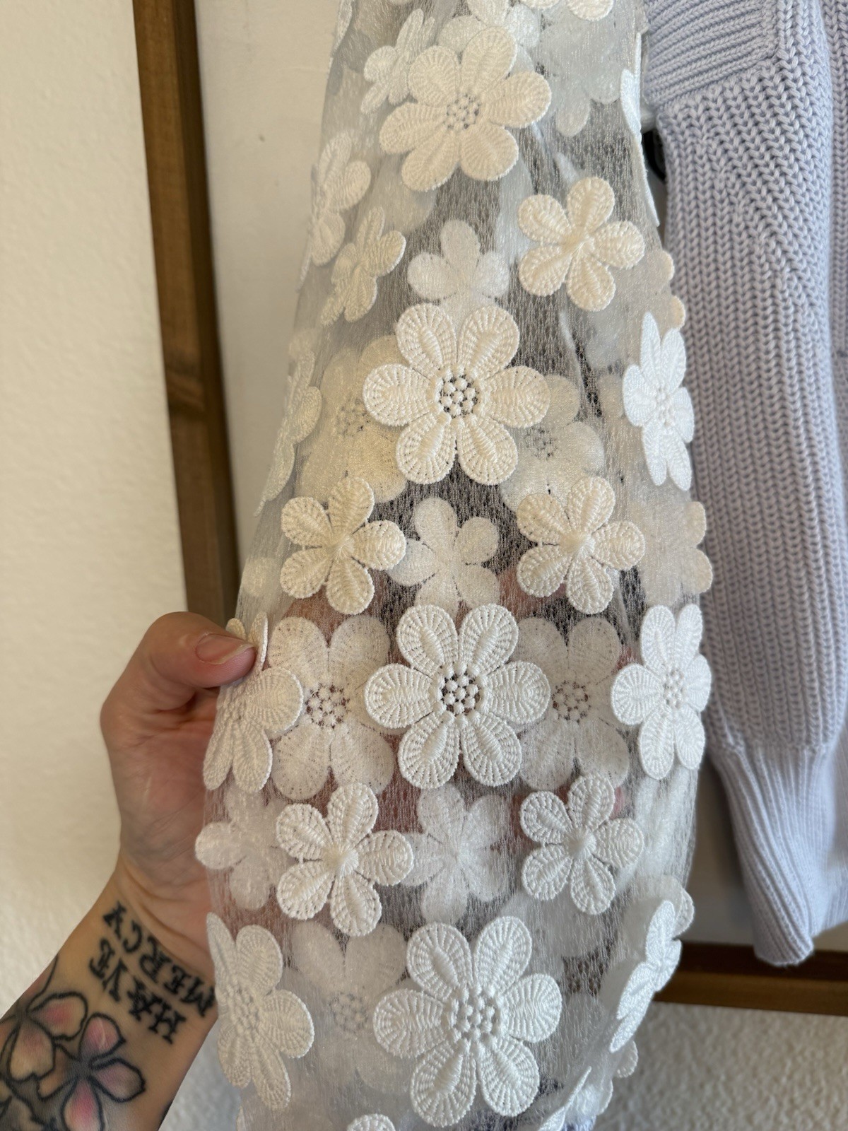 French Connection M Blue White Mock Neck Sheer Floral Knit Pullover