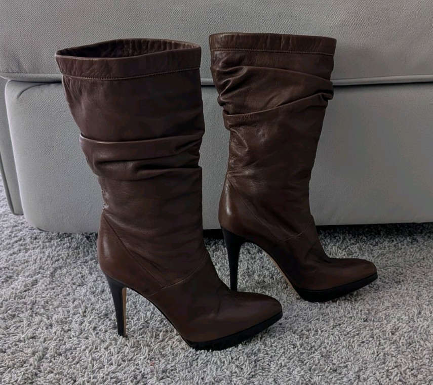 Brian Atwood Brown Leather Slouch Mid-Calf Pull-On Almond Toe Boots