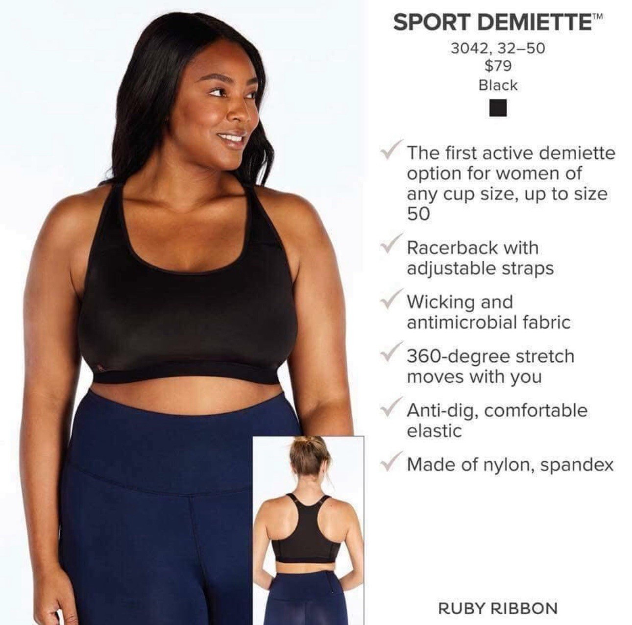 Ruby Ribbon Black Demiette Racerback Sports Bra W/Adjustable Straps Size 44