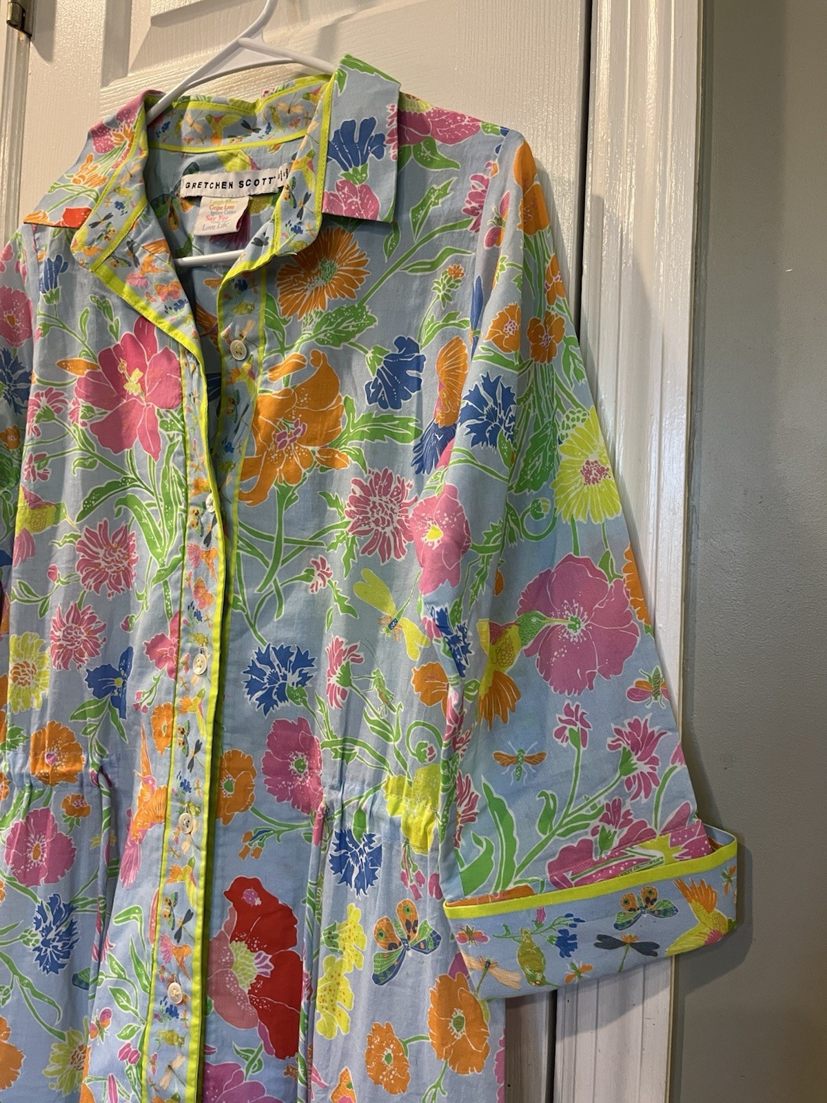 Gretchen Scott Hummingbird Heaven Cotton Shirt Dress – Dragonfly Floral Small
