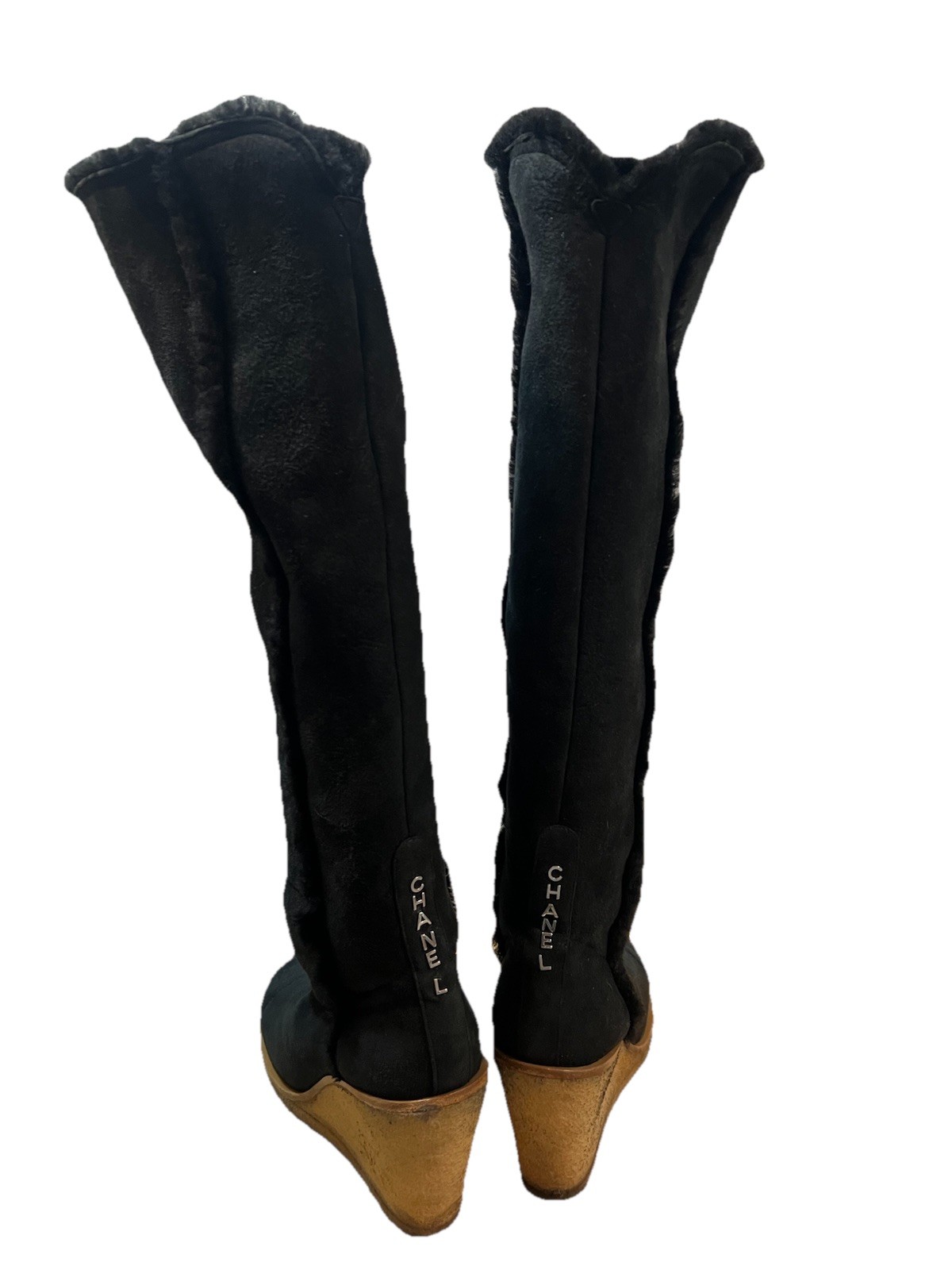 Chanel Boots 40 Wedge Knee High Suede Sherpa Fur Lined Biker Moto Spellout Logos