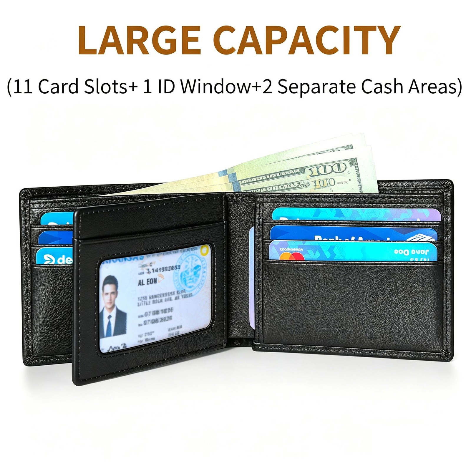 Genuine Leather Mens Wallet, RFID Blocking Bifold Wallet for Men with ID Wind…