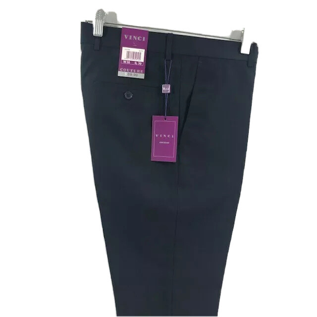 VINCI Men’s Navy Slim Fit Dress Pants Flat Front Regular Hem Sizes 28 – 48