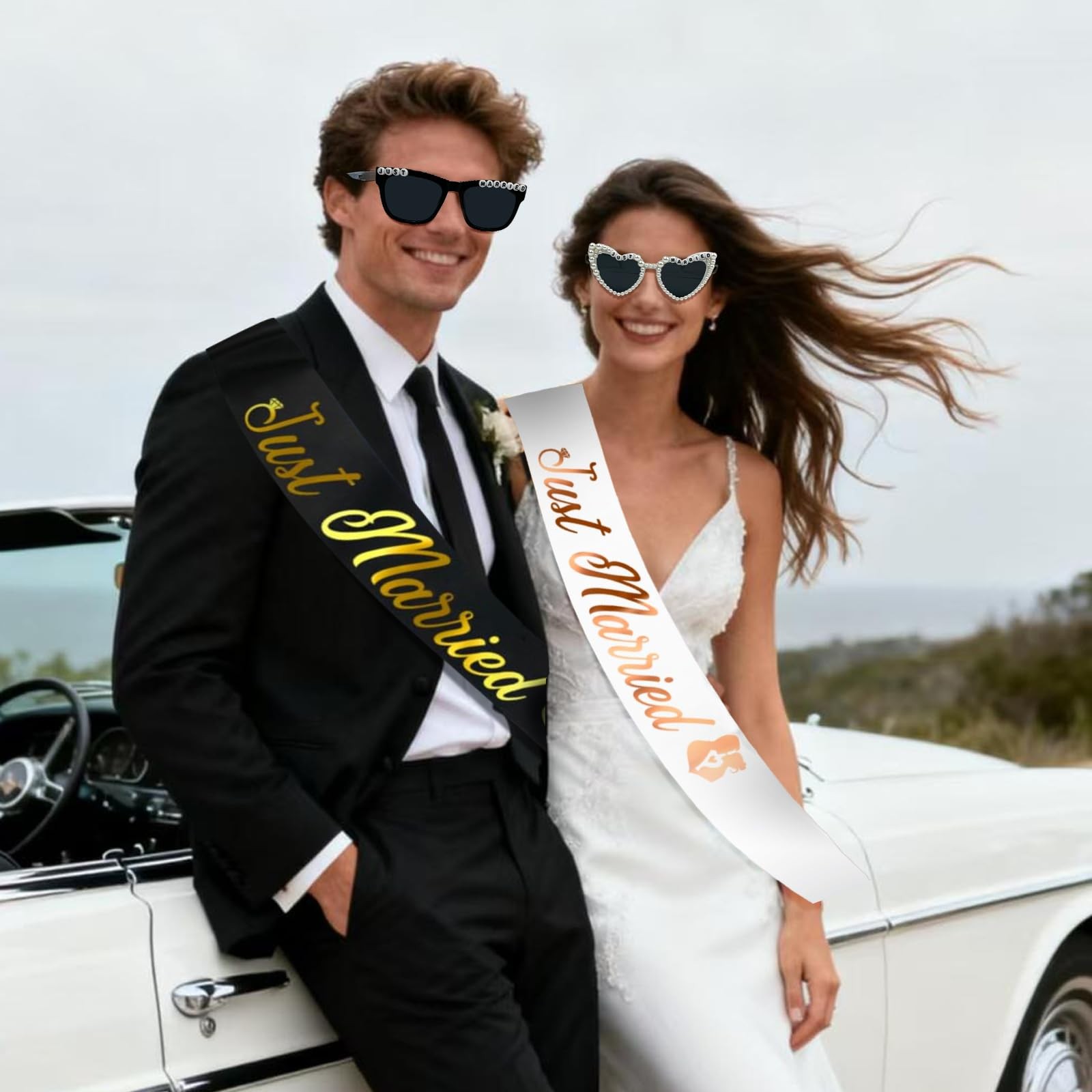 Just Married Bride and Groom Sunglasses with Sash Wedding Honeymoon Accessories