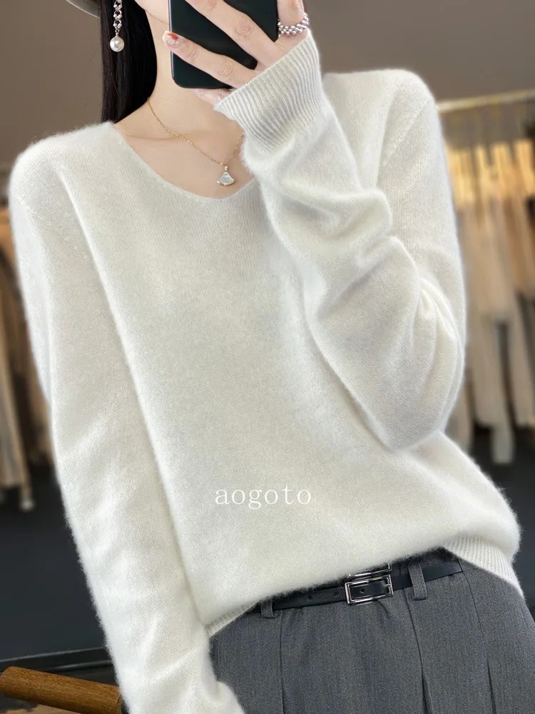 Women’s V-neck Pullover Sweater Knitwear Soft Warm Cashmere Loose Grace Style