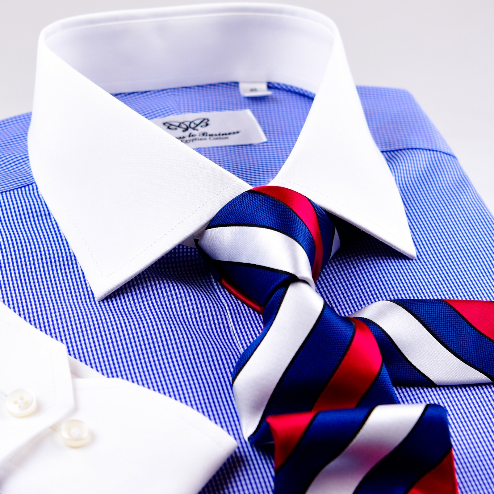 Blue Check Contrast White Dress Shirt Rich Italian Inner Lining Single Cuffs A