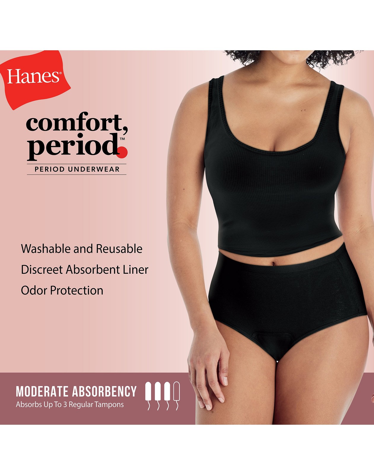 Hanes Brief 3-Pack Panties Fresh & Dry Moderate Leak Protection Womens Underwear