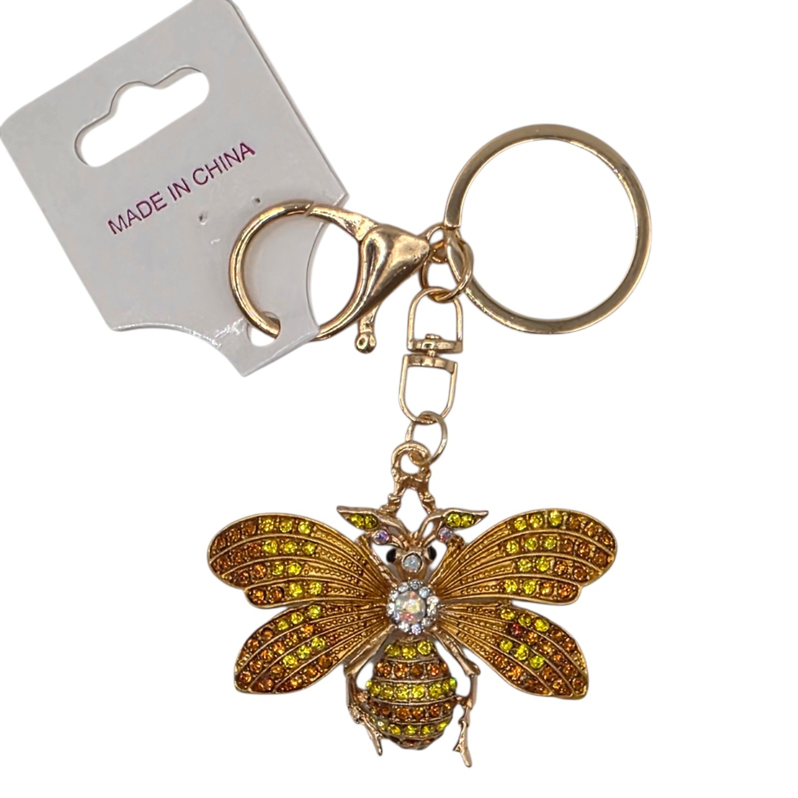 Rhinestone Bee Key Chain Keyring Bag Charm Gold Tone Yellow Metal Animal Women
