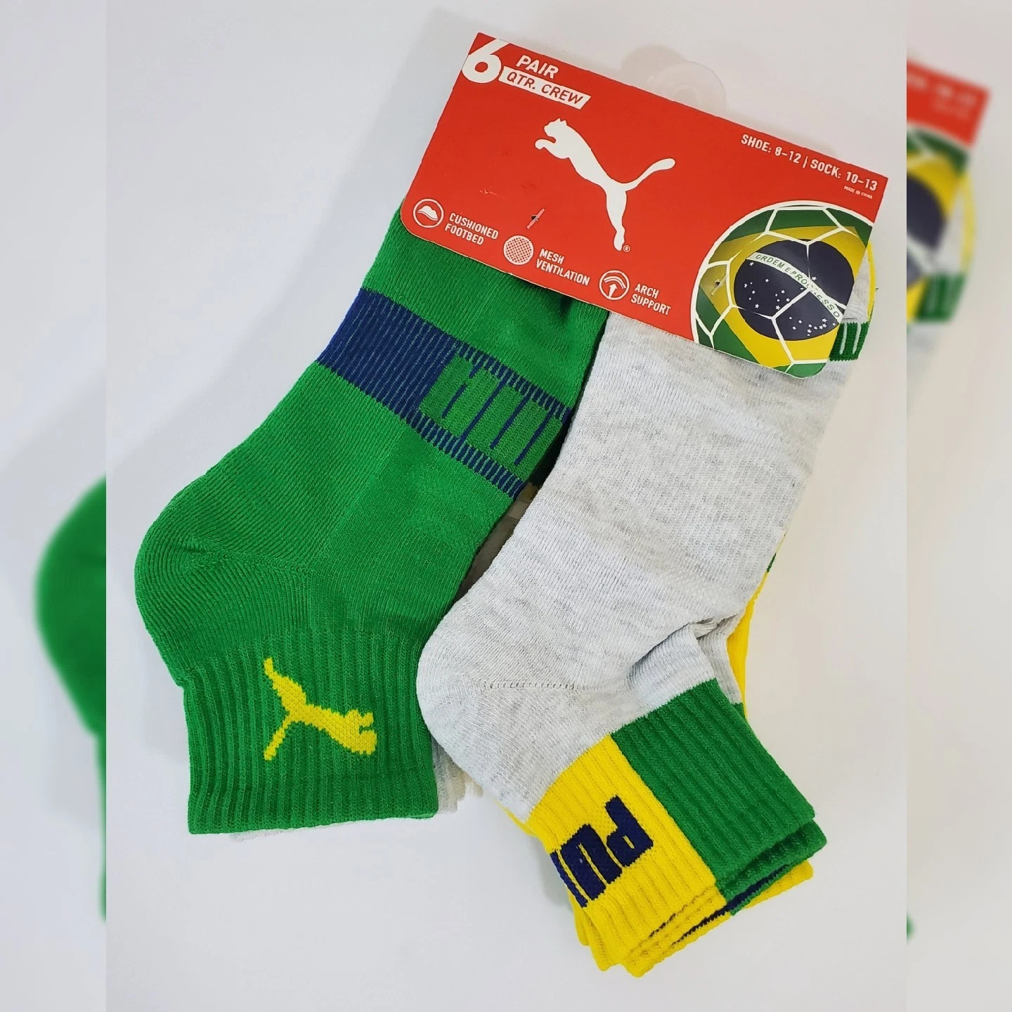 PUMA QUARTER CREW MEN’S SOCKS 6 PAIR SIZE SHOE 8-12 SOCK 10-13 BRASIL SOCCER