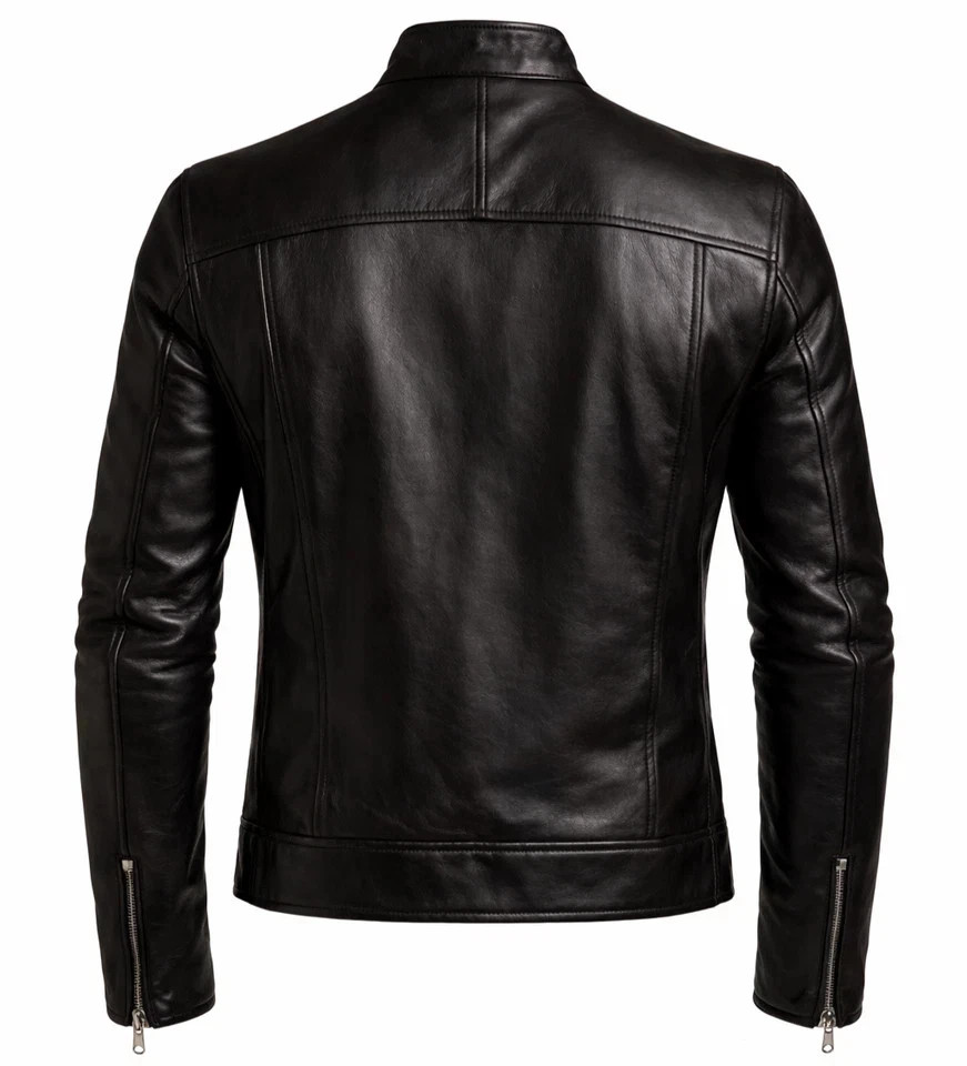 Men’s Black Faux Biker Jacket Slim Fit Cafe Racer Motorcycle