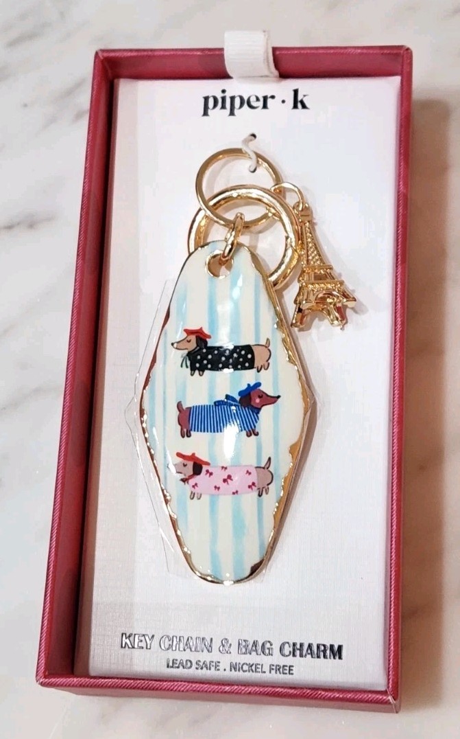 NIB! Piper K Dachshund Wiener Dog Eiffel Tower Paris Gold Accent Bag Charm