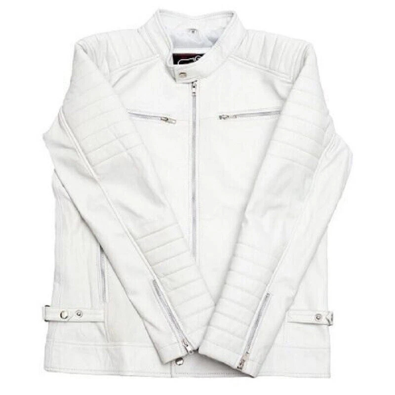Men White Leather Jacket Authentic Real Lambskin Leather Motorcycle Biker Jacket