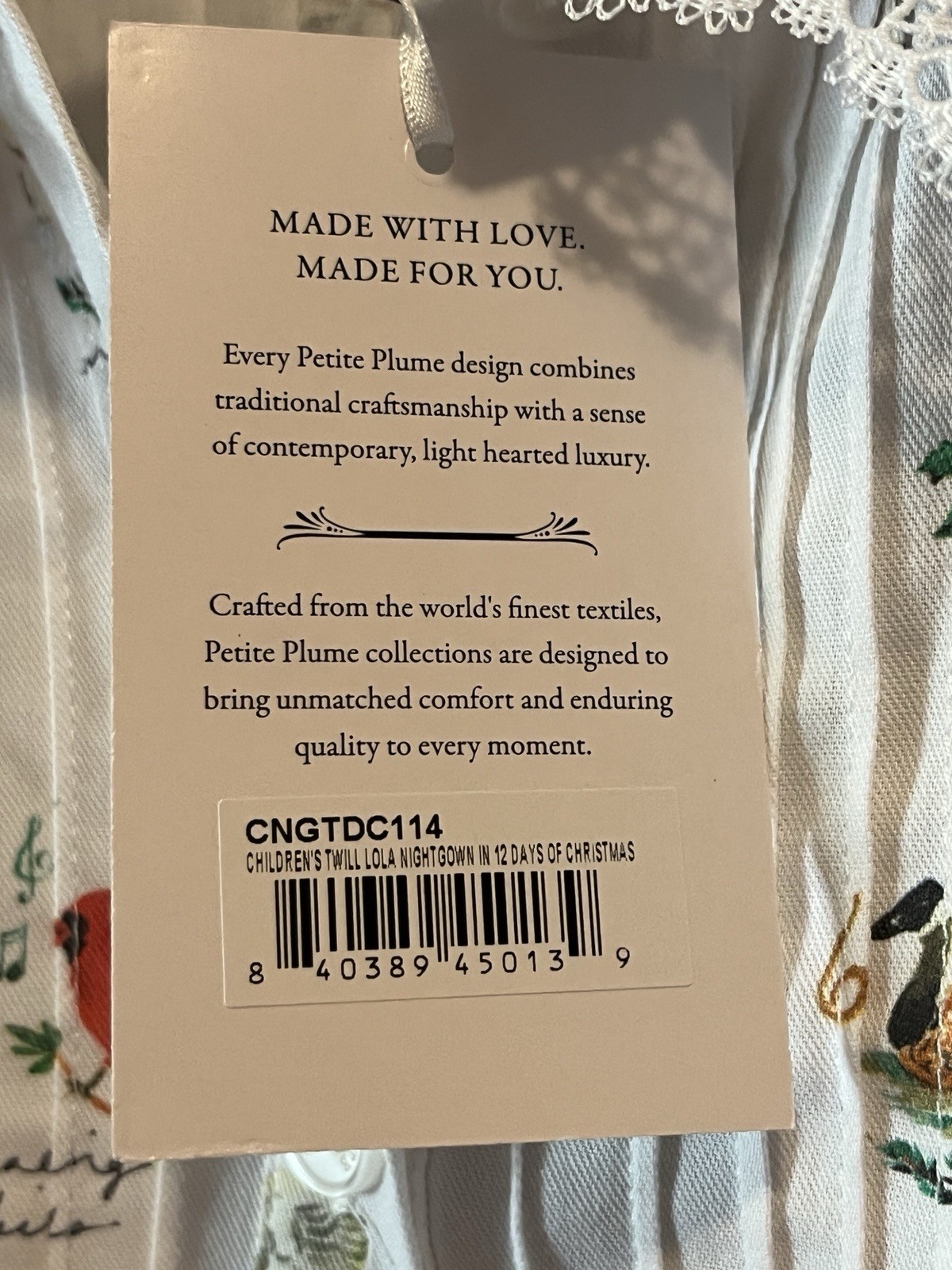 New girl’s size 14 Petite Plume nightgown 12 Days of Christmas white