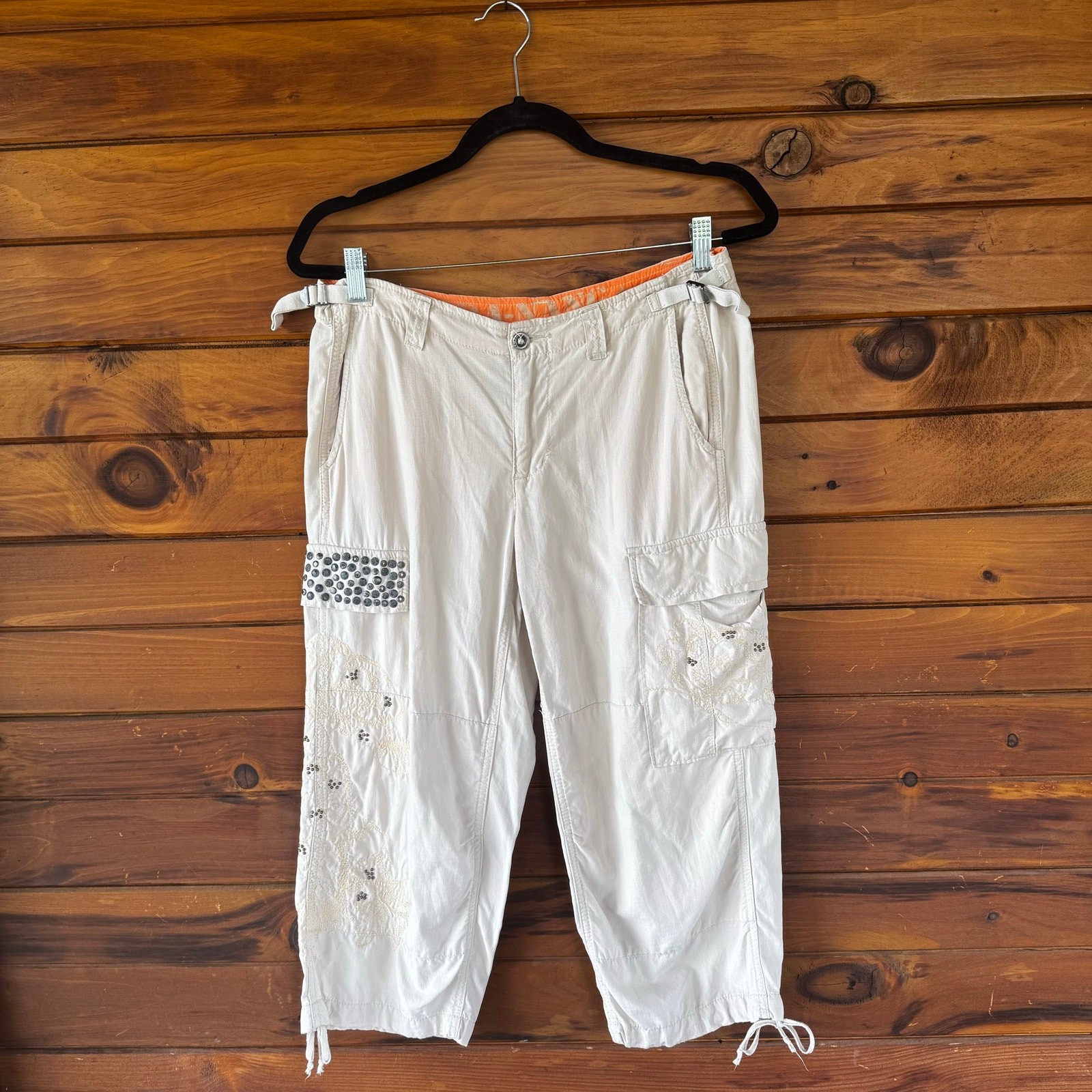 VTG Y2K DANANG Masti Oat Silk Medium Rise Embroidered Cargo Capri Pants Size M