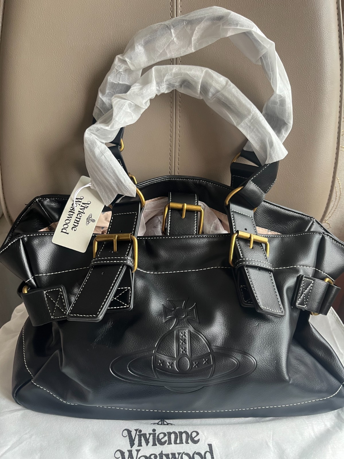 Vivienne Westwood Tote Bag Orb Embossed Black Shoulder Leather Handbag