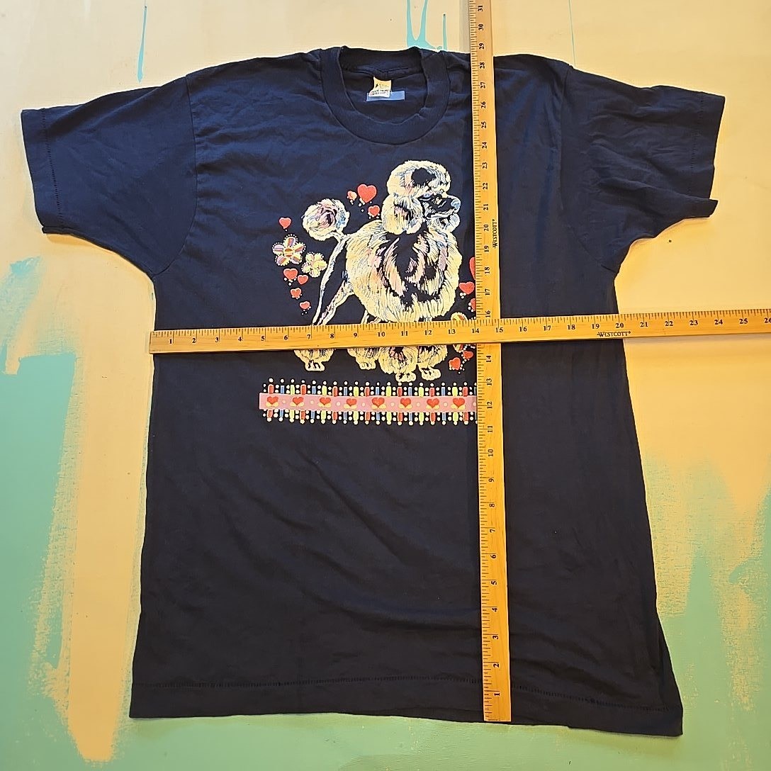 VTG Single Stitch Poodle Hearts T-Shirt Screen Stars XL Navy USA Flowers 1980s