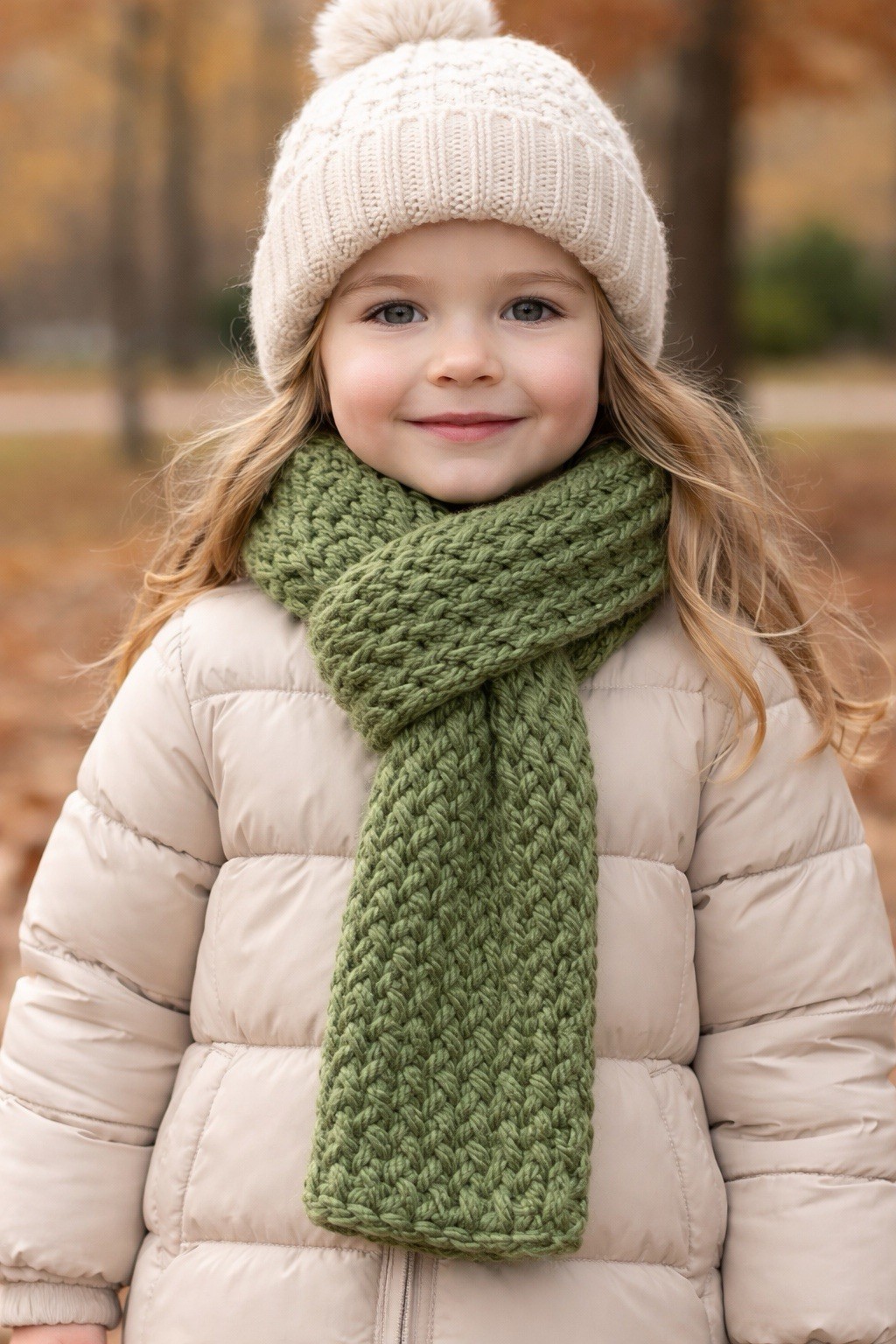 Handmade Loom Knitted Green Knit Scarf For Kids Made From Acrylic Yarn