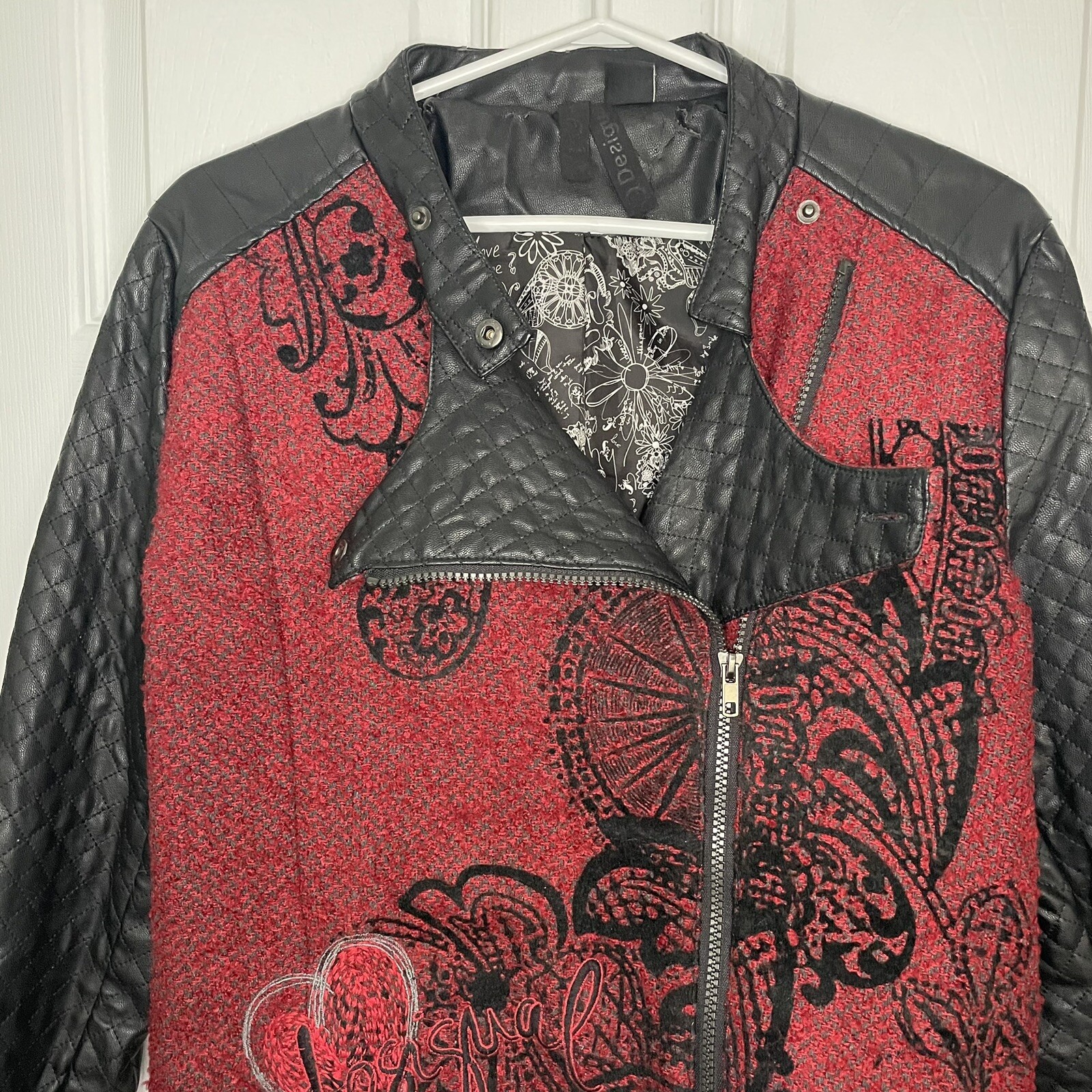 Desigual Wool Blend and Vegan Leather Black and Red Moto Jacket 42