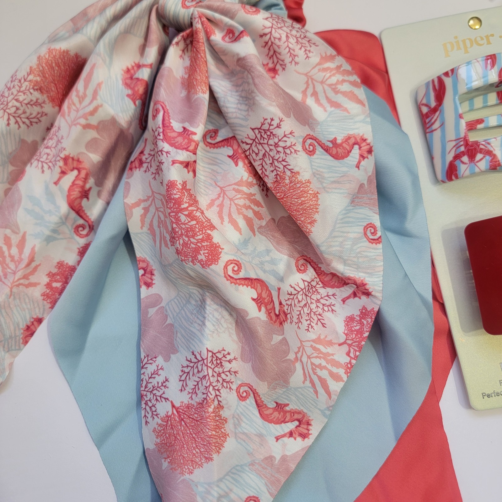 Piper K Coastal Seahorse Scarf Scrunchie & Lobster Flat Hair Clip Nautical Beach