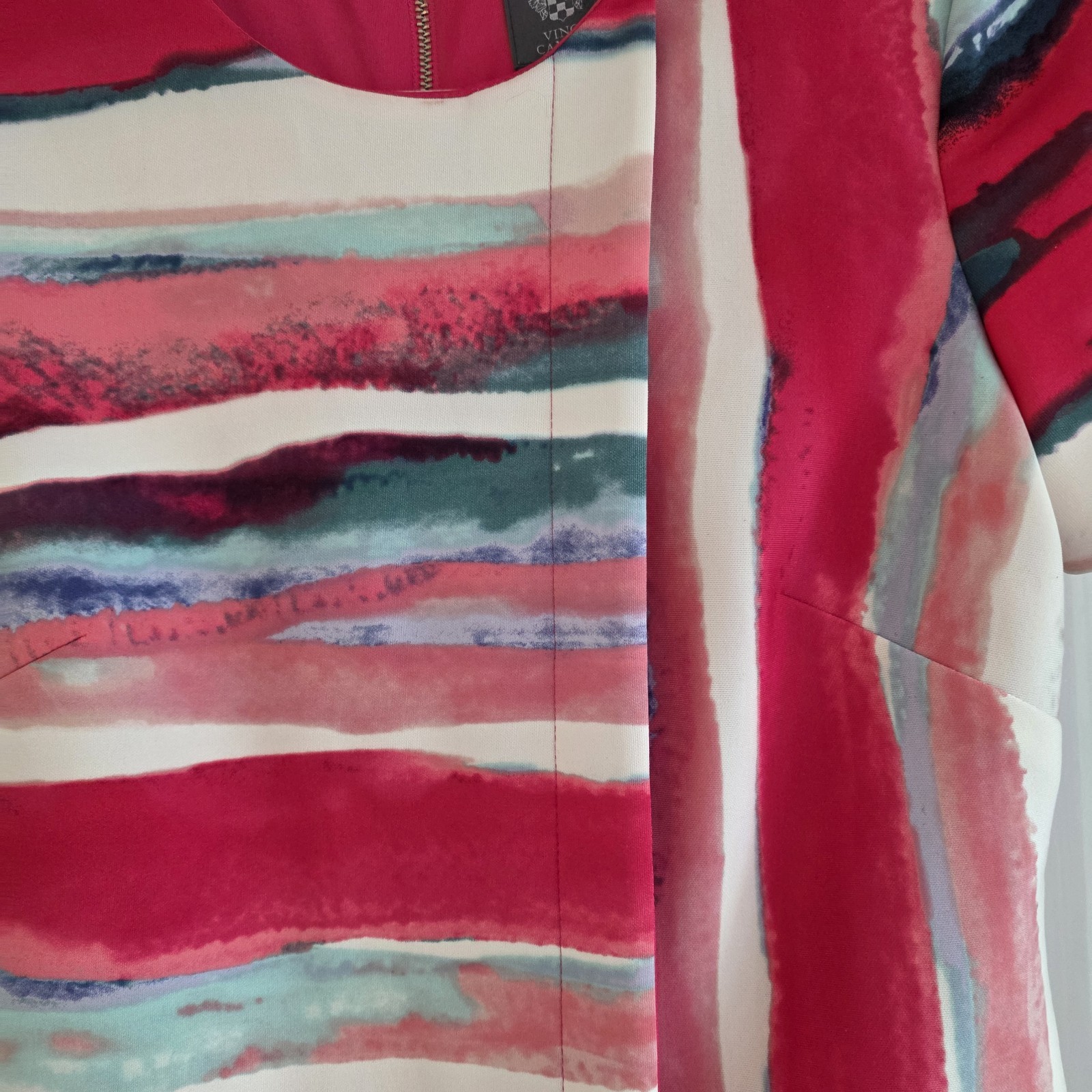 Vince Camuto Striped Sheath Dress Women’s 2 Pink White Blue Short Sleeve Zip