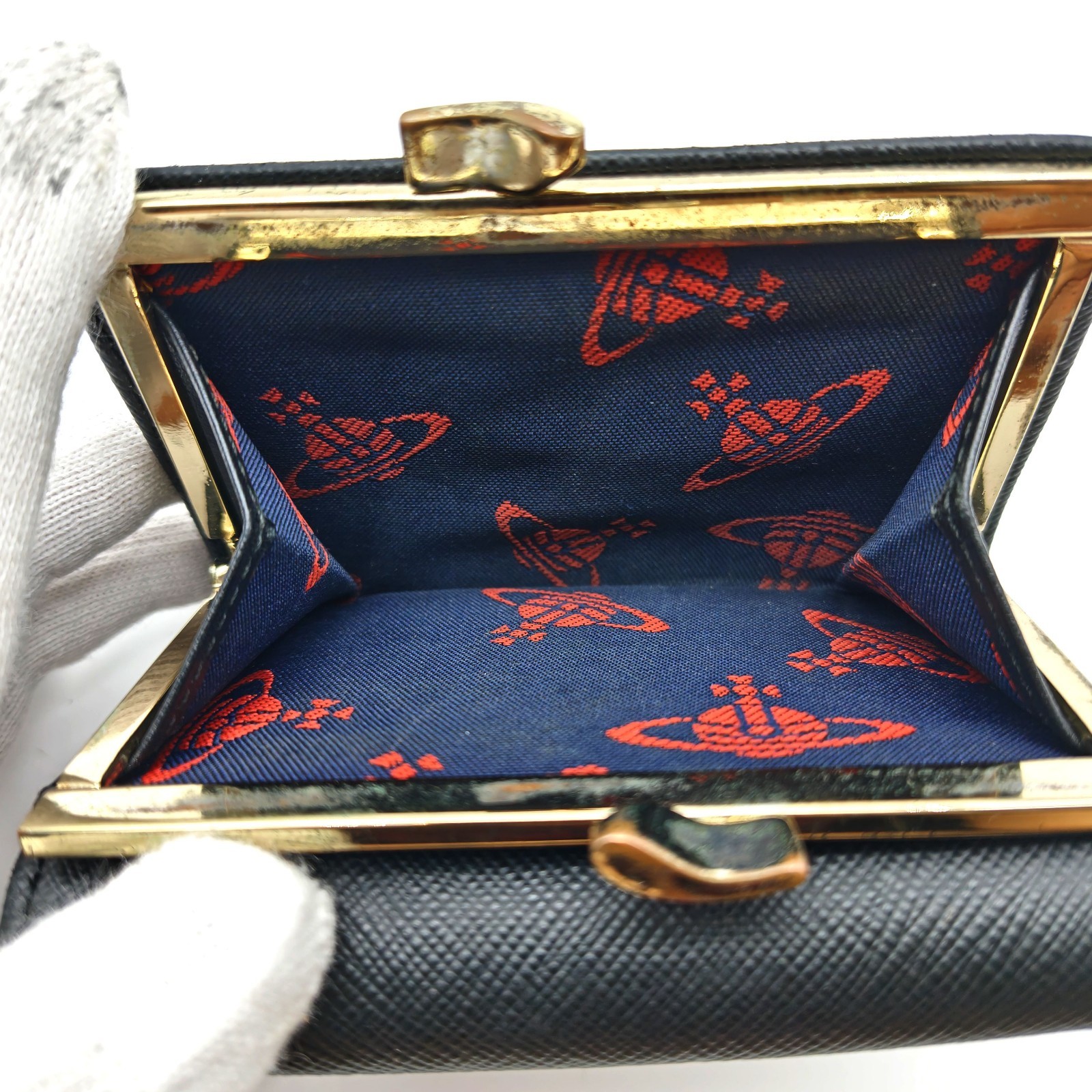 Vivienne Westwood SMALL FRAME WALLET Orb Tri-fold purse Saffiano Leather Black