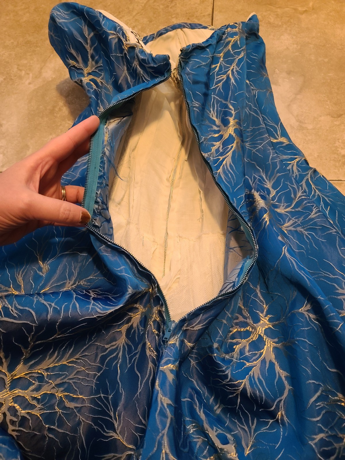 Rare VTG 50s FRANK USHER Blue Metallic Lightning/Branch/Neuron Jacquard Dress