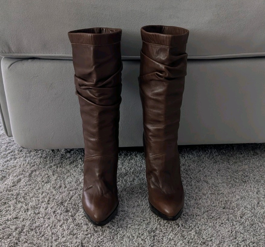 Brian Atwood Brown Leather Slouch Mid-Calf Pull-On Almond Toe Boots