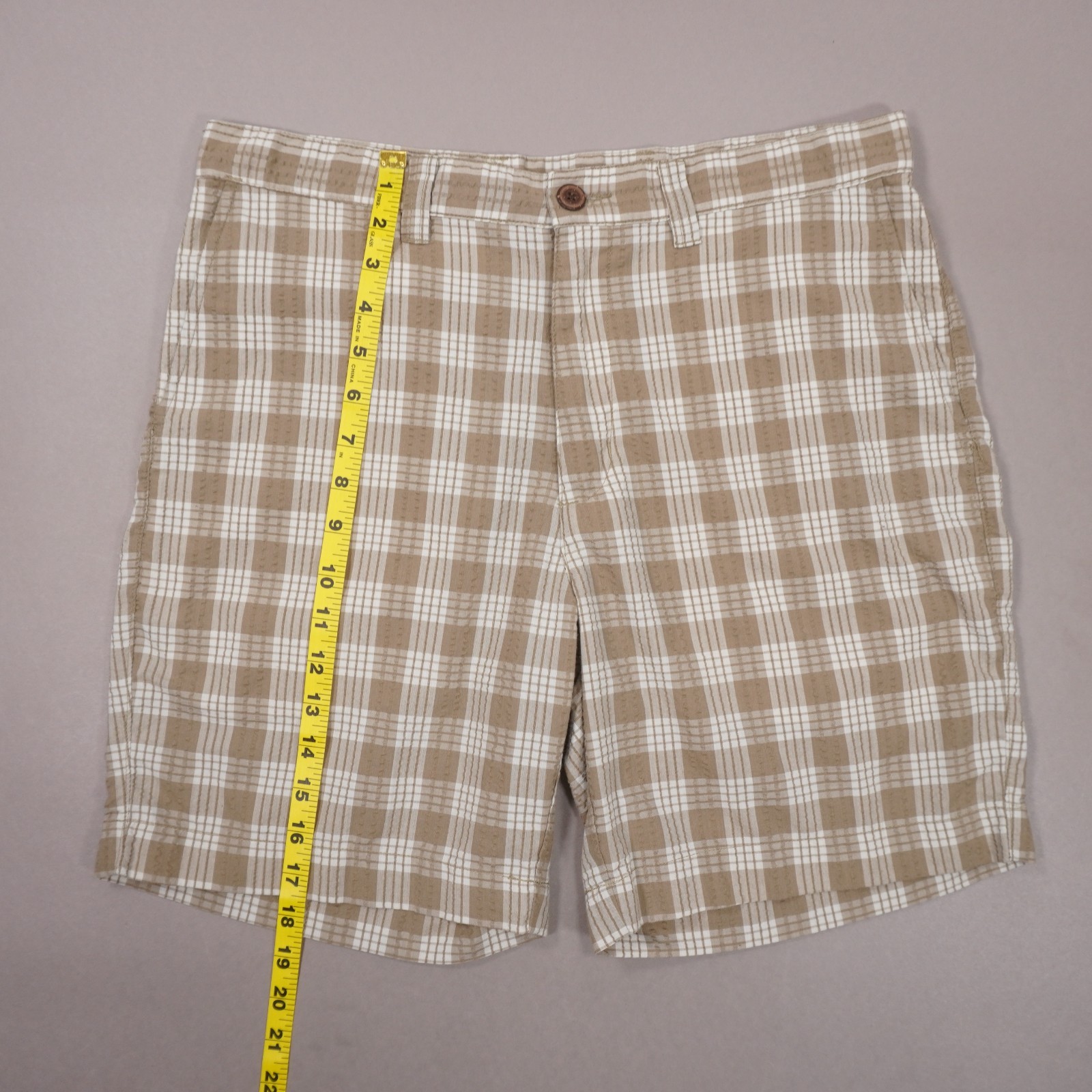 Patagonia Puckerware 8″ Shorts Plaid Mens 32 Beige White Poly Cotton 57780 EUC