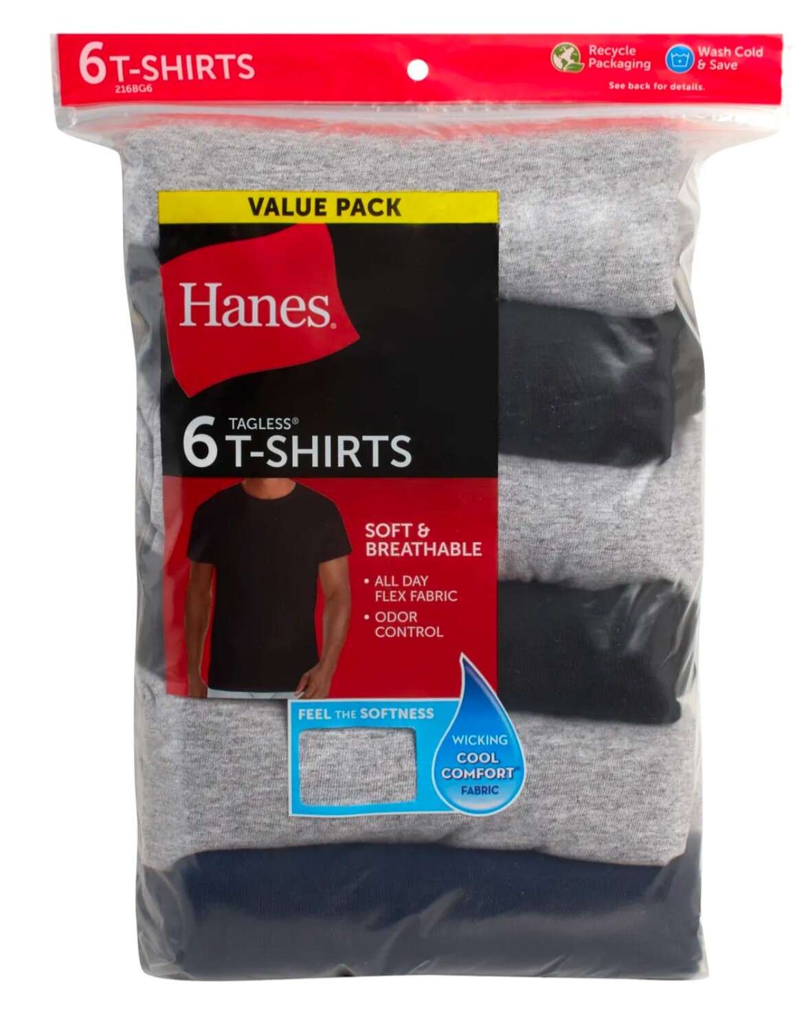 Hanes 6-pack Mens T-Shirt Moisture-Wicking Cotton Crewneck Tees Black, Gray XL