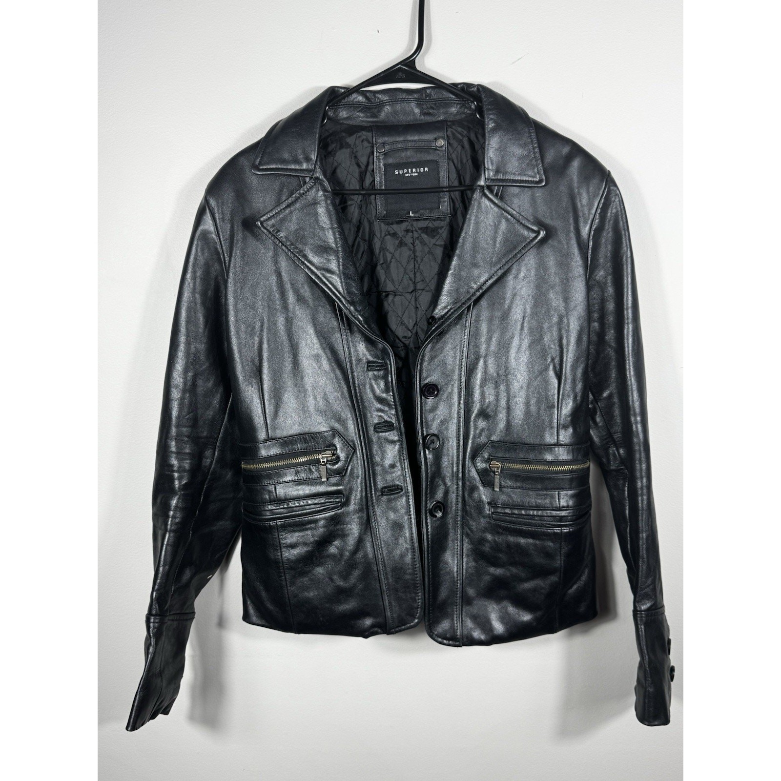 Vtg Superior NY Collection Black Leather Jacket Women’s L Quilted Lining USA