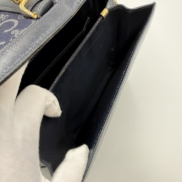 CELINE Sulky C Macadam Vintage Shoulder Bag Navy Canvas and Leather Gold-ton…