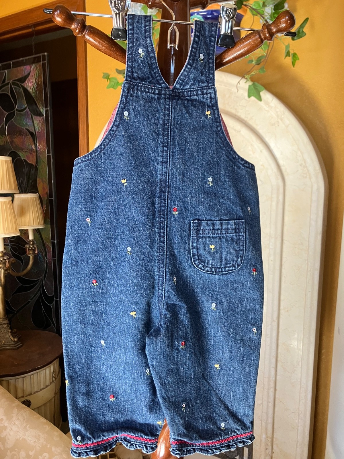 Gymboree 2003 Home on the Range denim jean tulip embroidered lined overalls 6-12