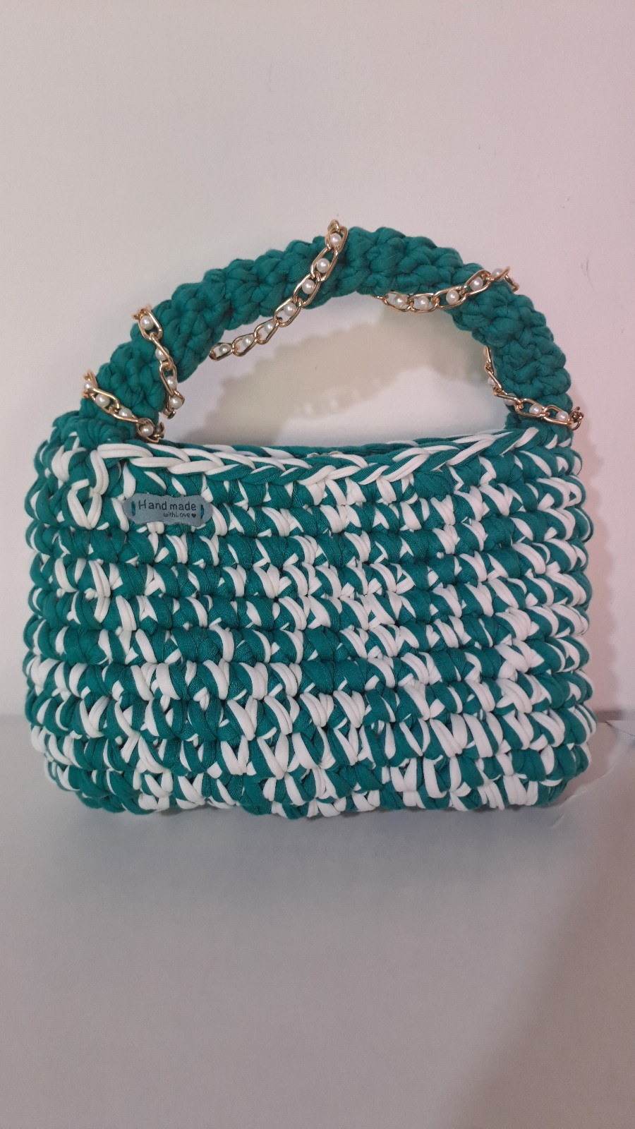 Handmade Crochet Bag Turquoise & White Stylish Summer Handbag Gift