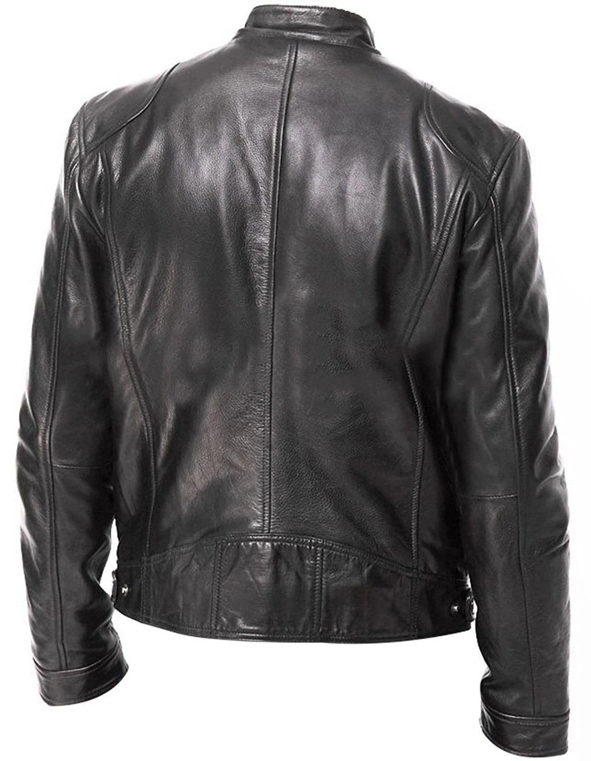 Black & Brown Soft Sheep Skin Leather Cafe Racer Biker Leather Jacket