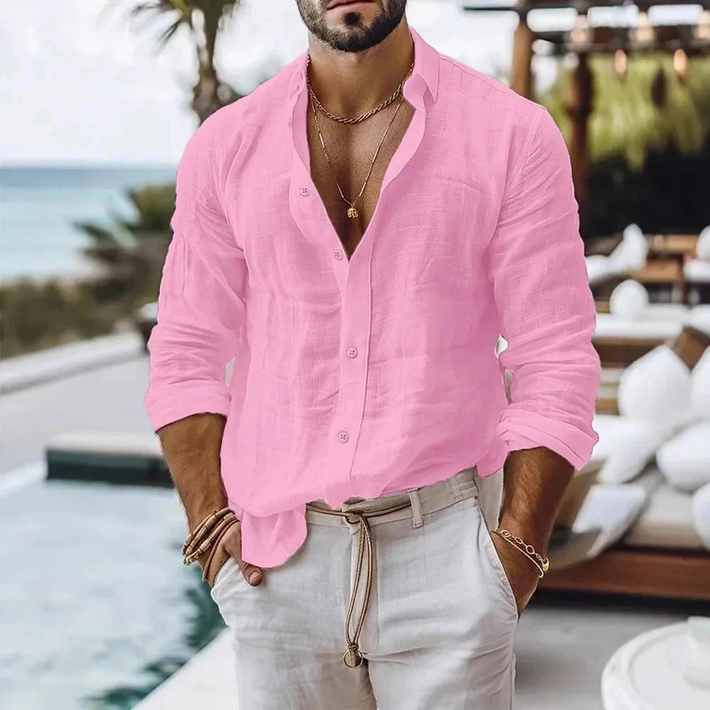 Men Cotton Linen Summer Beach Shirt Solid Color Breathable Button Top